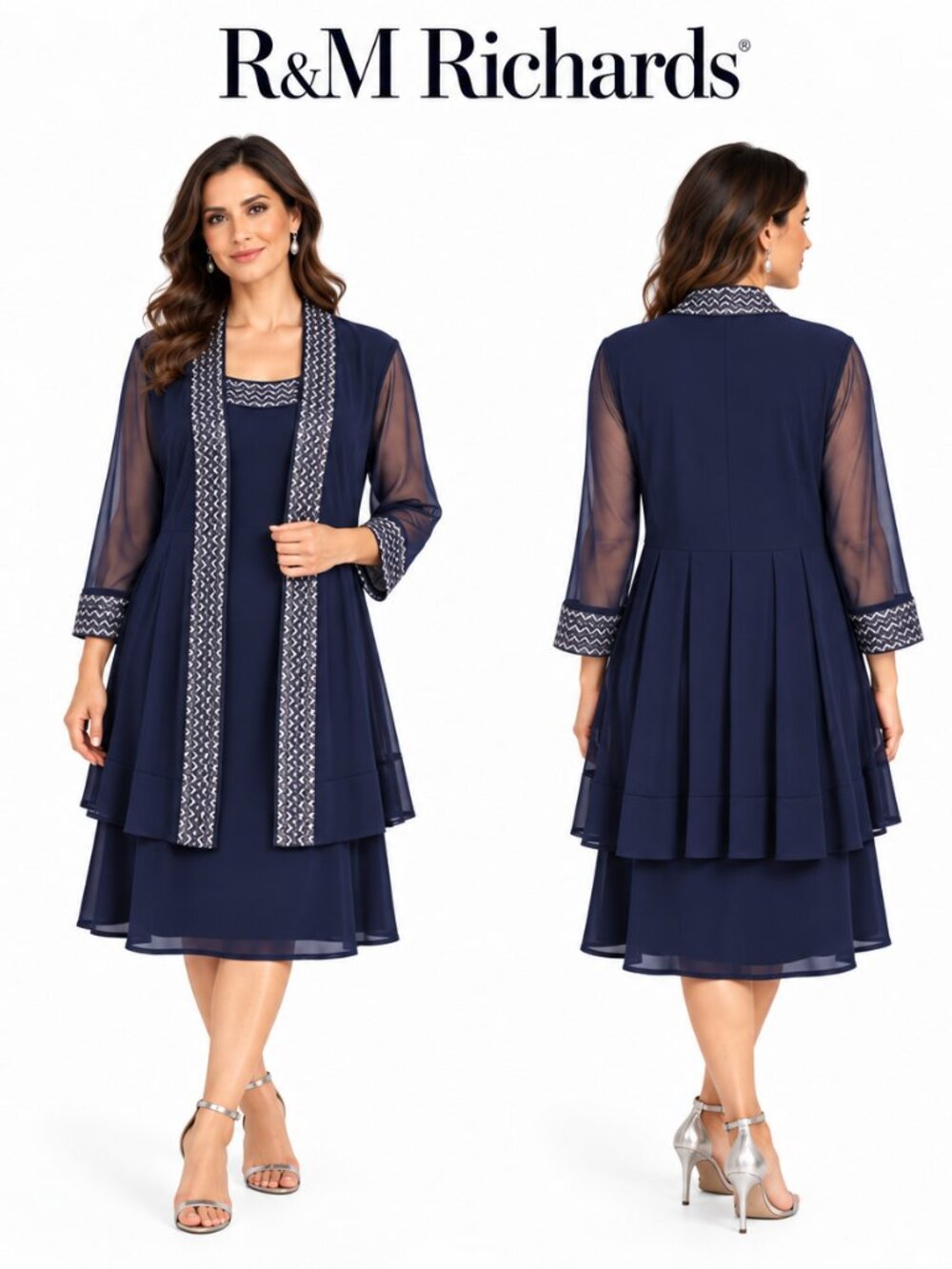 R&M Richards Navy Blue 2 Piece Dress Set Sequin Trim Sheer Jacket Size 6 5327